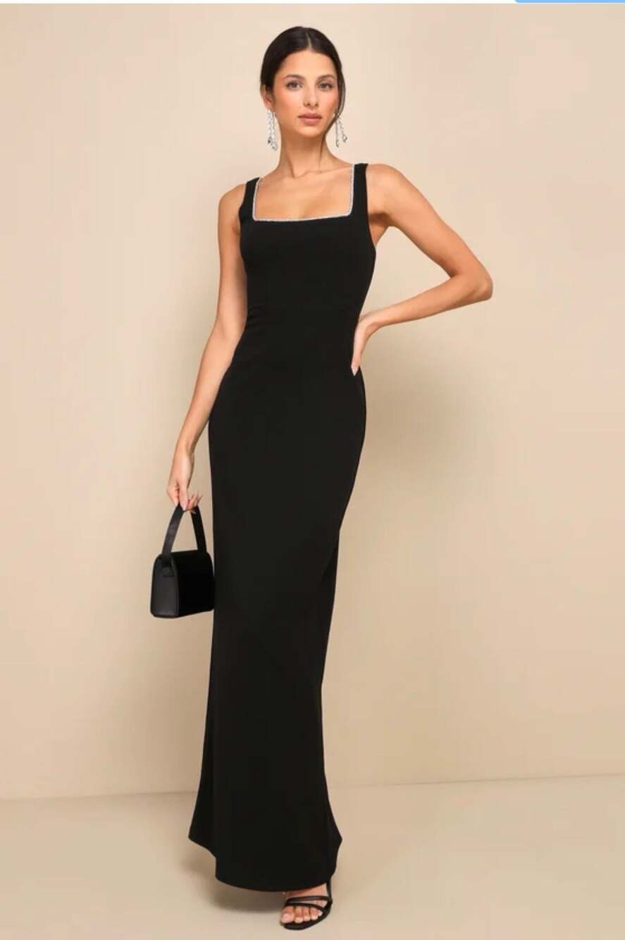 Lulus Timeless Poise Black Rhinestone Square Neck Backless Maxi Dress
